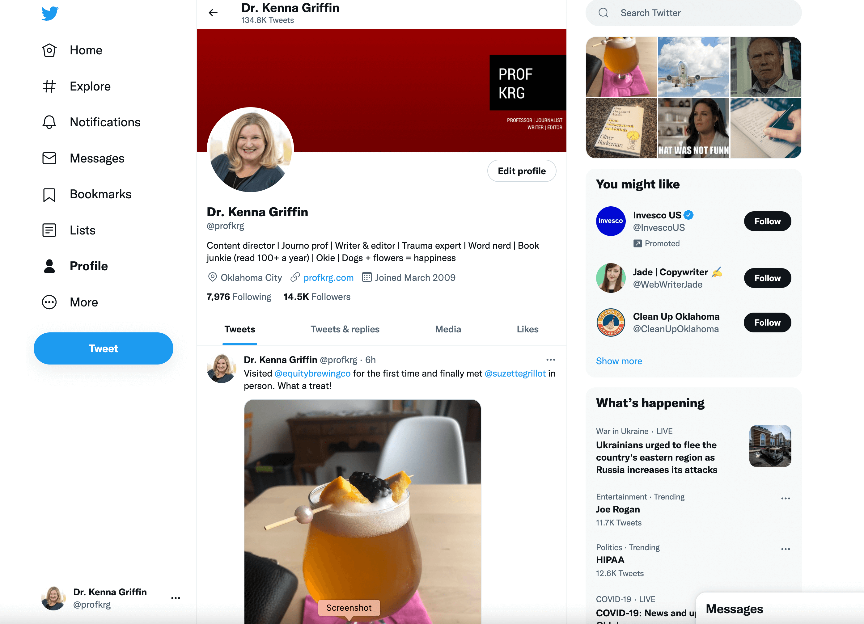 A screenshot of Kenna Griffin's Twitter profile page.